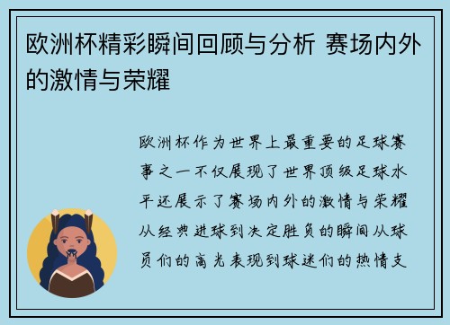 欧洲杯精彩瞬间回顾与分析 赛场内外的激情与荣耀