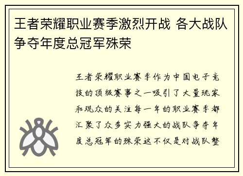 王者荣耀职业赛季激烈开战 各大战队争夺年度总冠军殊荣